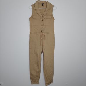Wild Fable Jumpsuit Sleeveless Half Button Collar Pocket Drawstring Waist Tan S‎